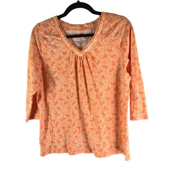 Coral Bay Womens Orange Anchor Print V-Neck 3/4 Sleeve Top L - Picture 1 of 4